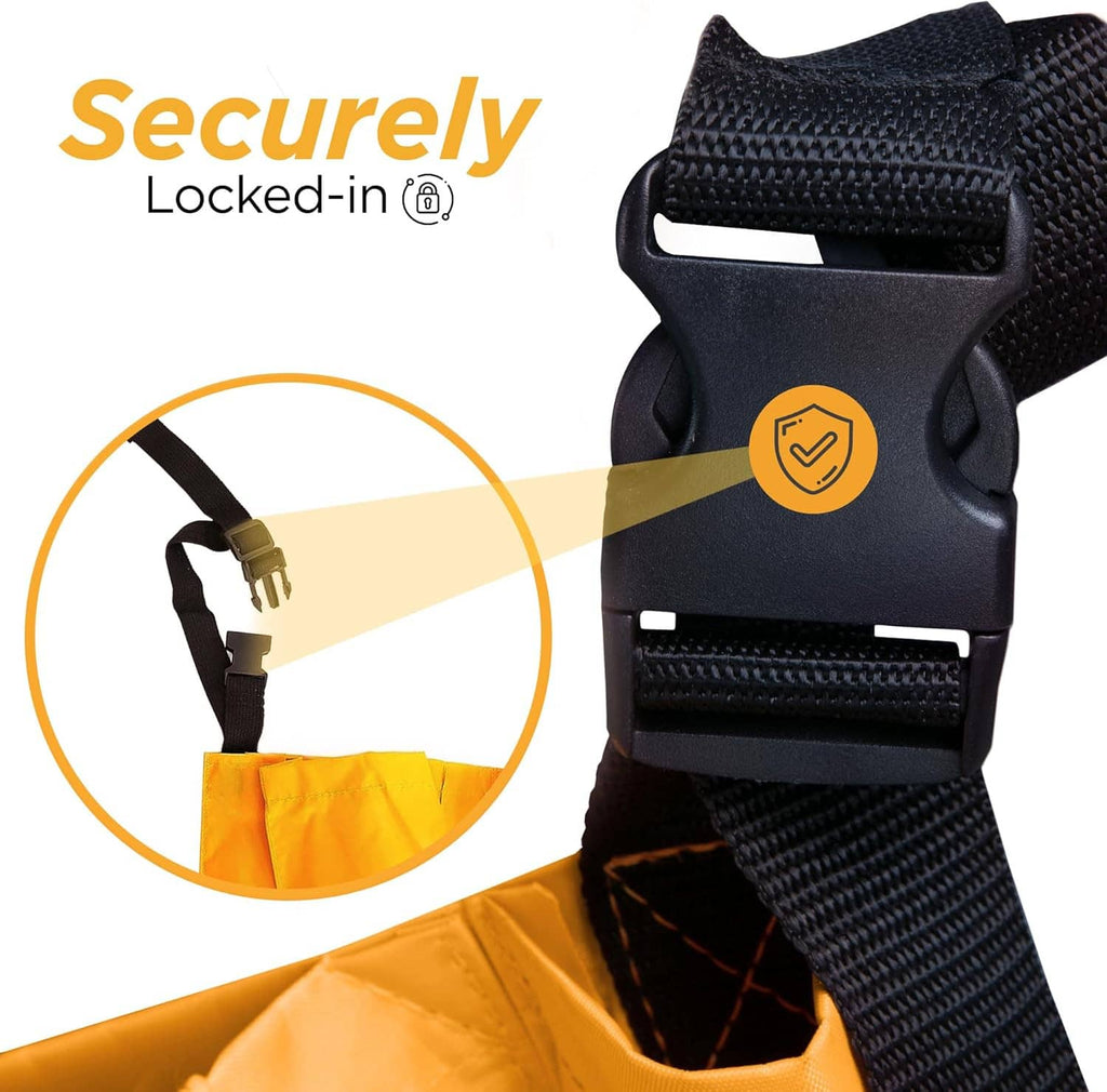 Black secured lock-in strap system on trash can caddy bag with organizer pockets