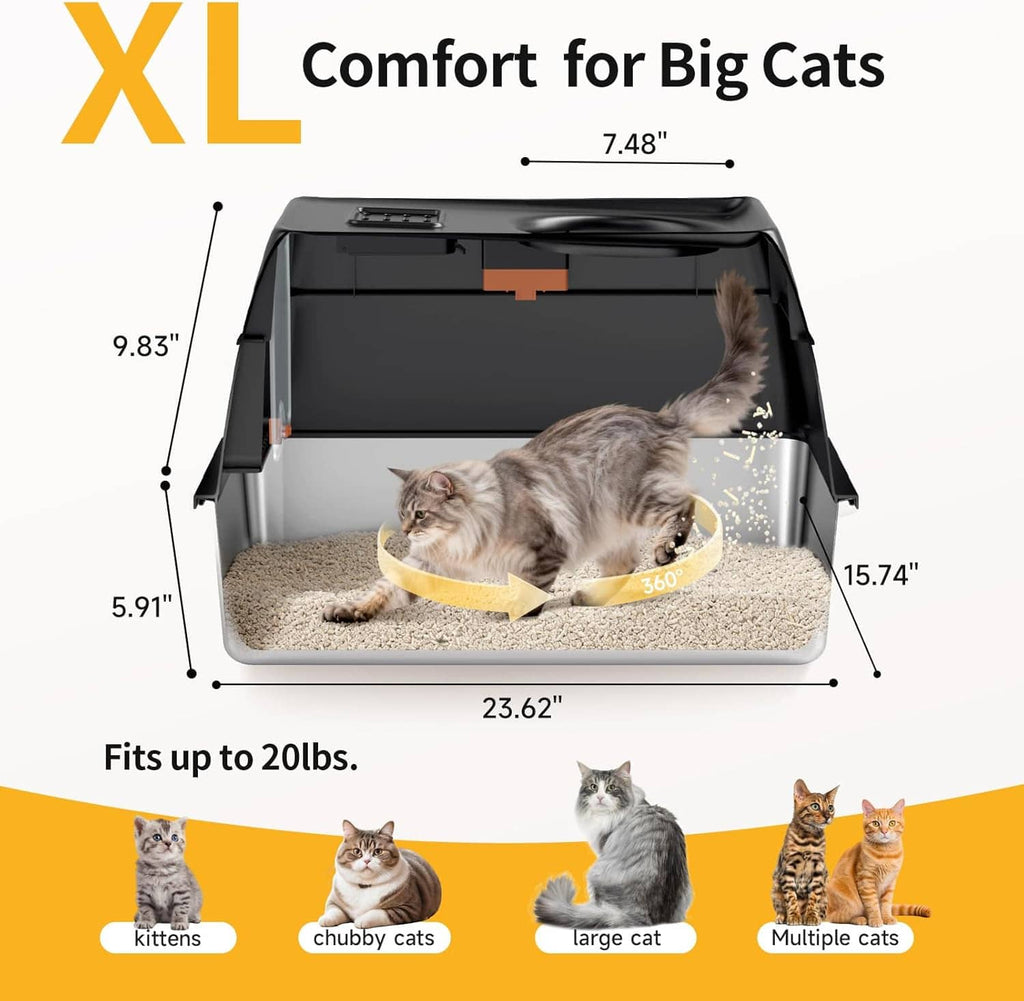 Extra-large enclosed cat litter box with lid, raised sides, and a cat resting inside