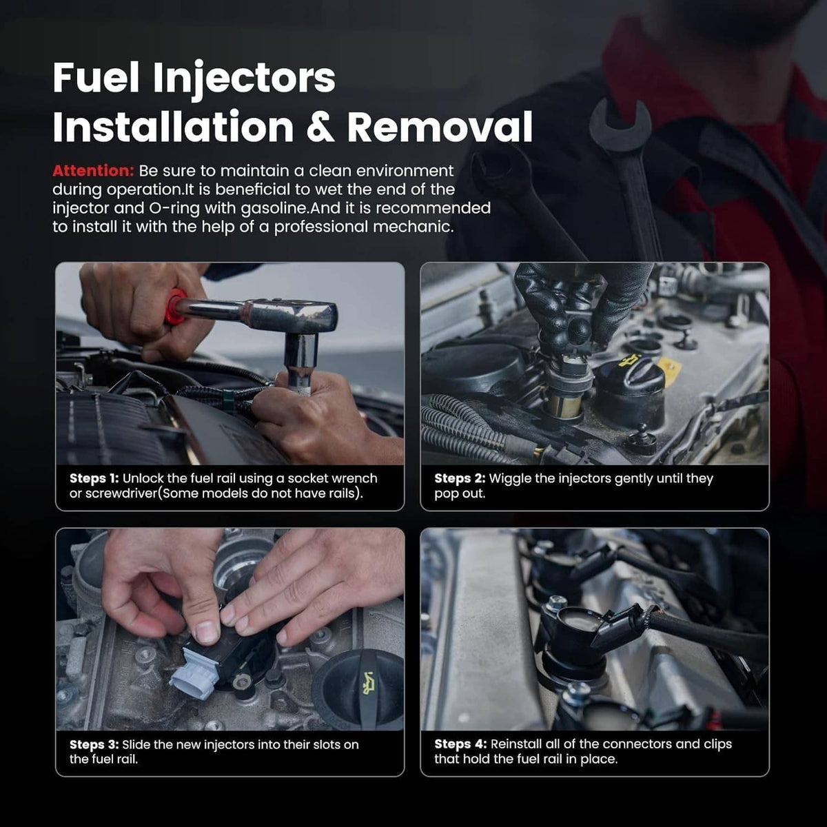 Fuel injectors installation and removal guide graphic with engine and hand steps