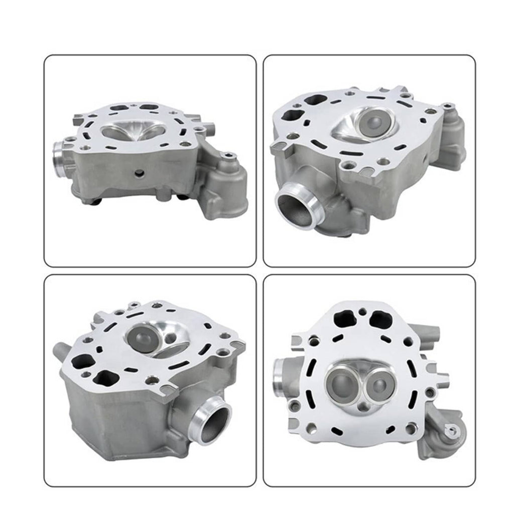 Collage showing aluminum cylinder head assembly views: ports, chamber, valve area