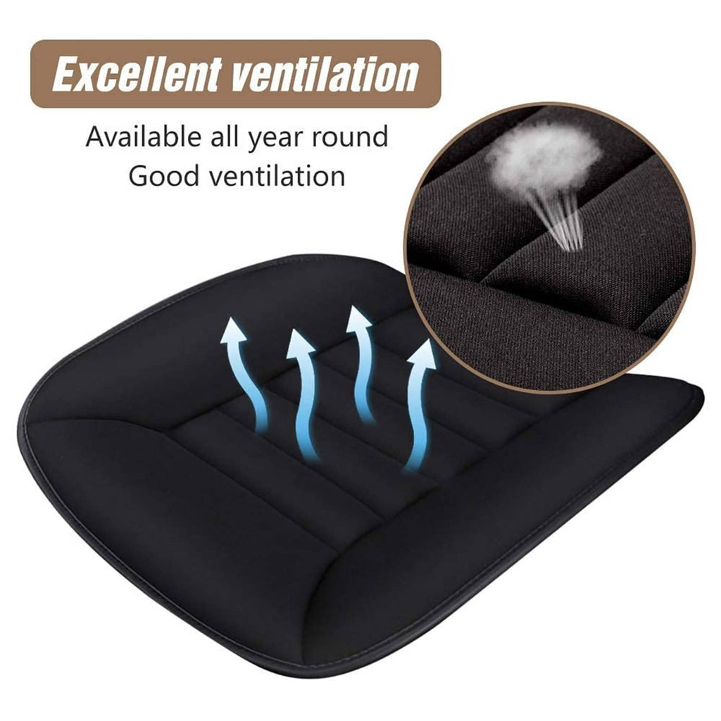 Black ventilated seat cushion with quilted memory-foam top and airflow channels