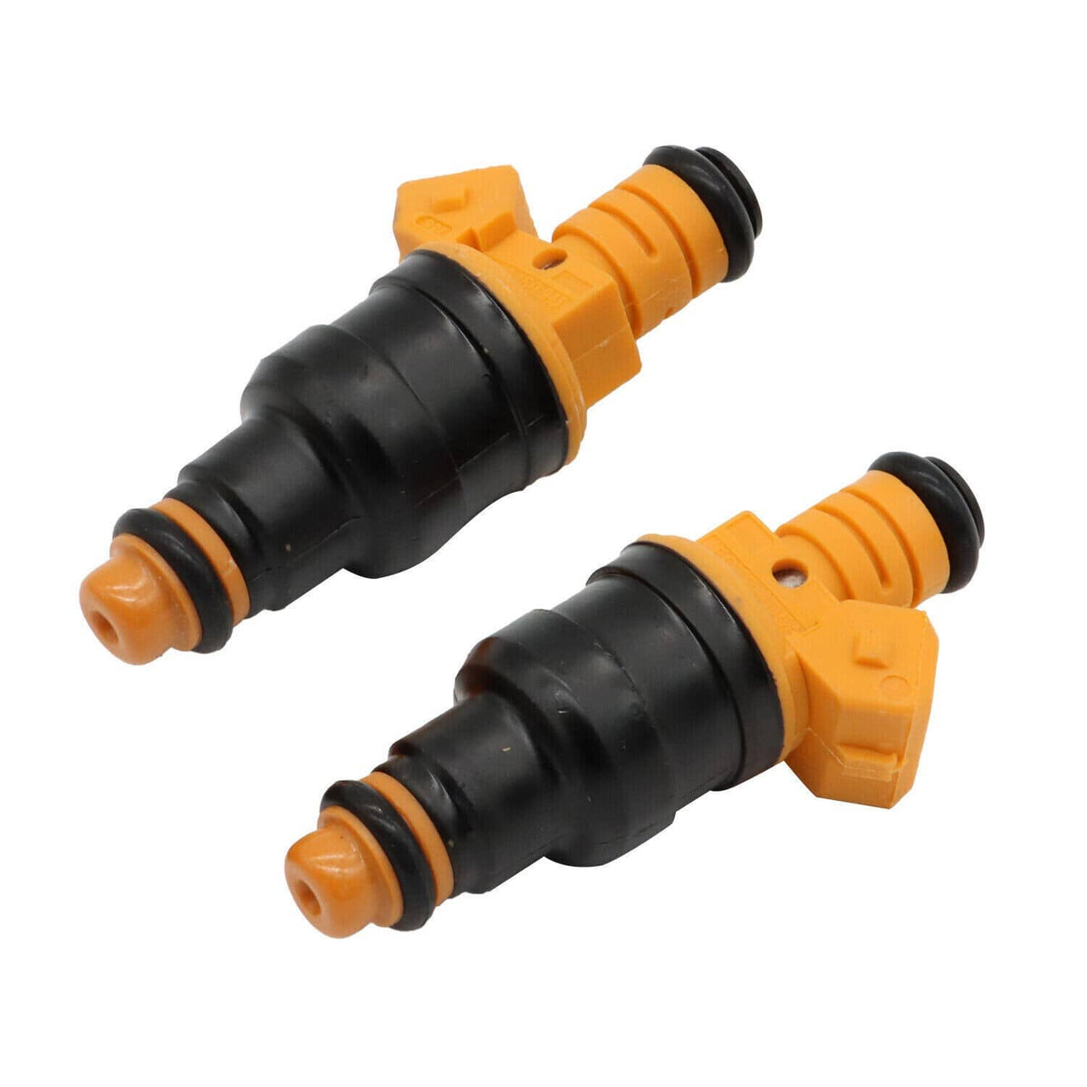 Pair of yellow and black fuel injectors with orange connectors and spouts