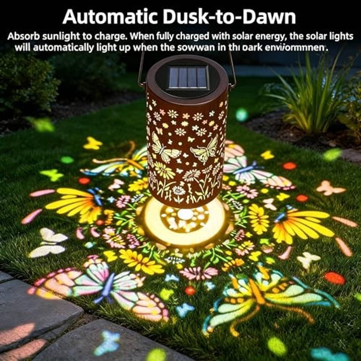 Glowing solar lantern with butterfly flower motif on garden path at dusk