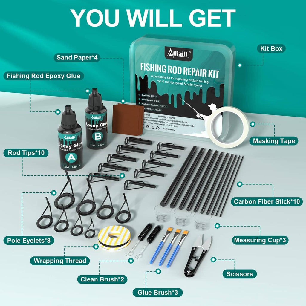 Fishing rod repair kit contents with epoxy glue, carbon fiber stick, tape, and tools