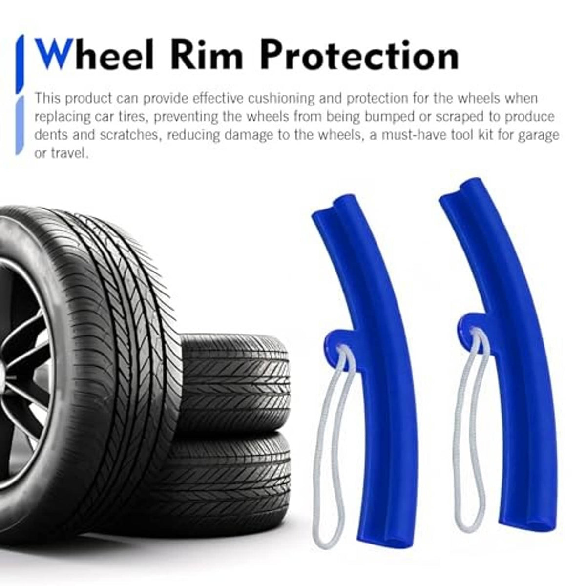 Blue car rim protector set with curved guards and pull ropes beside tires