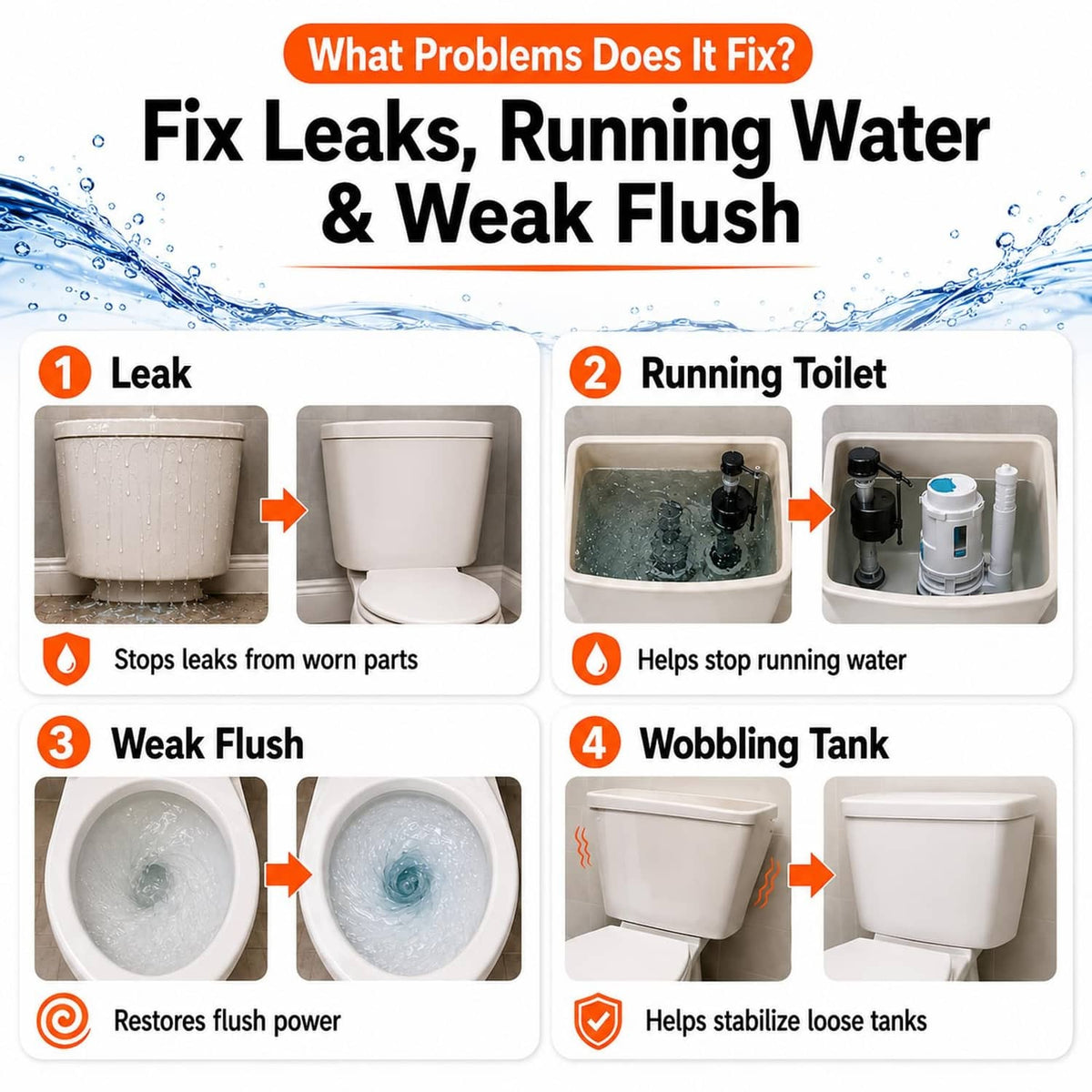 Dual flush toilet repair valve parts for fixing leaks and weak flushing
