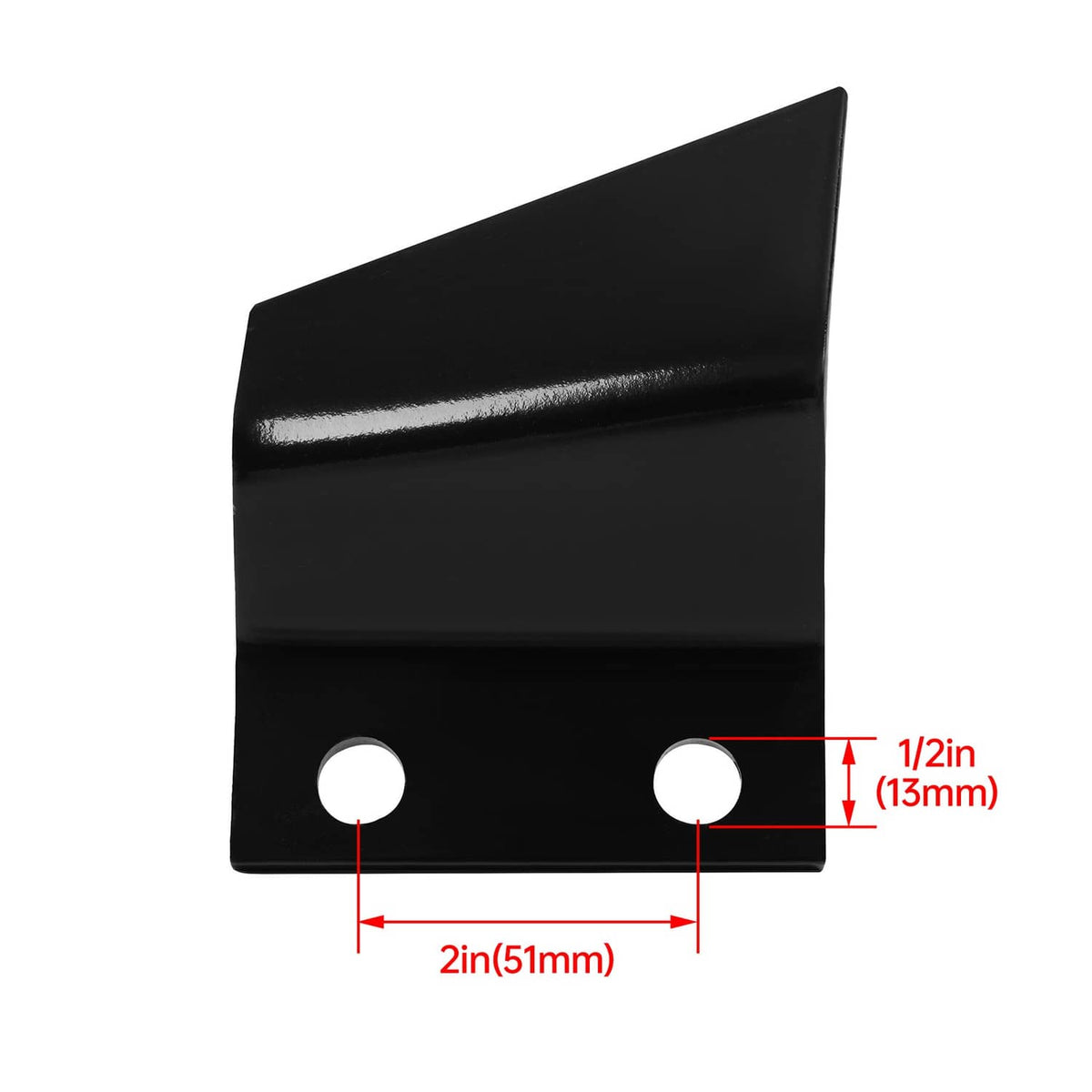 Black steel trencher tooth with angled cutting face and two mounting holes