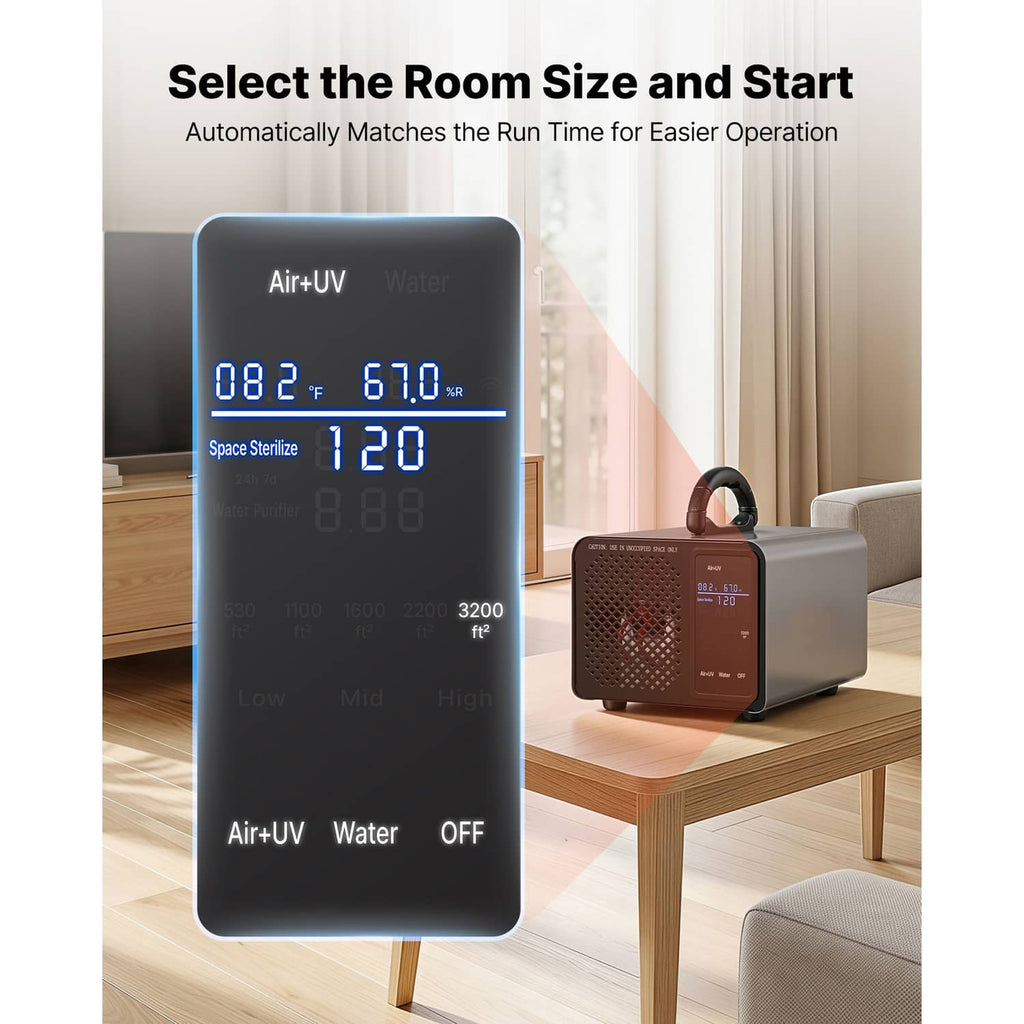 Ozone generator with touchscreen showing room size settings and start options