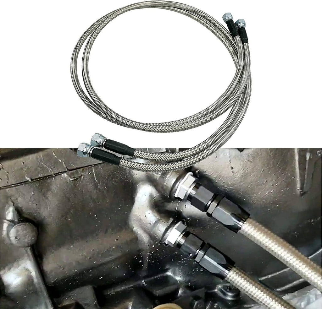 Braided transmission hose lines with polished fittings and black sleeve, connected