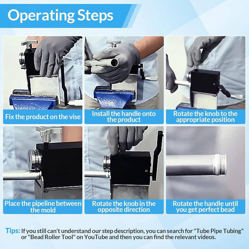 Tube pipe bead roller tool operating steps with gloved hands and mounted workpiece