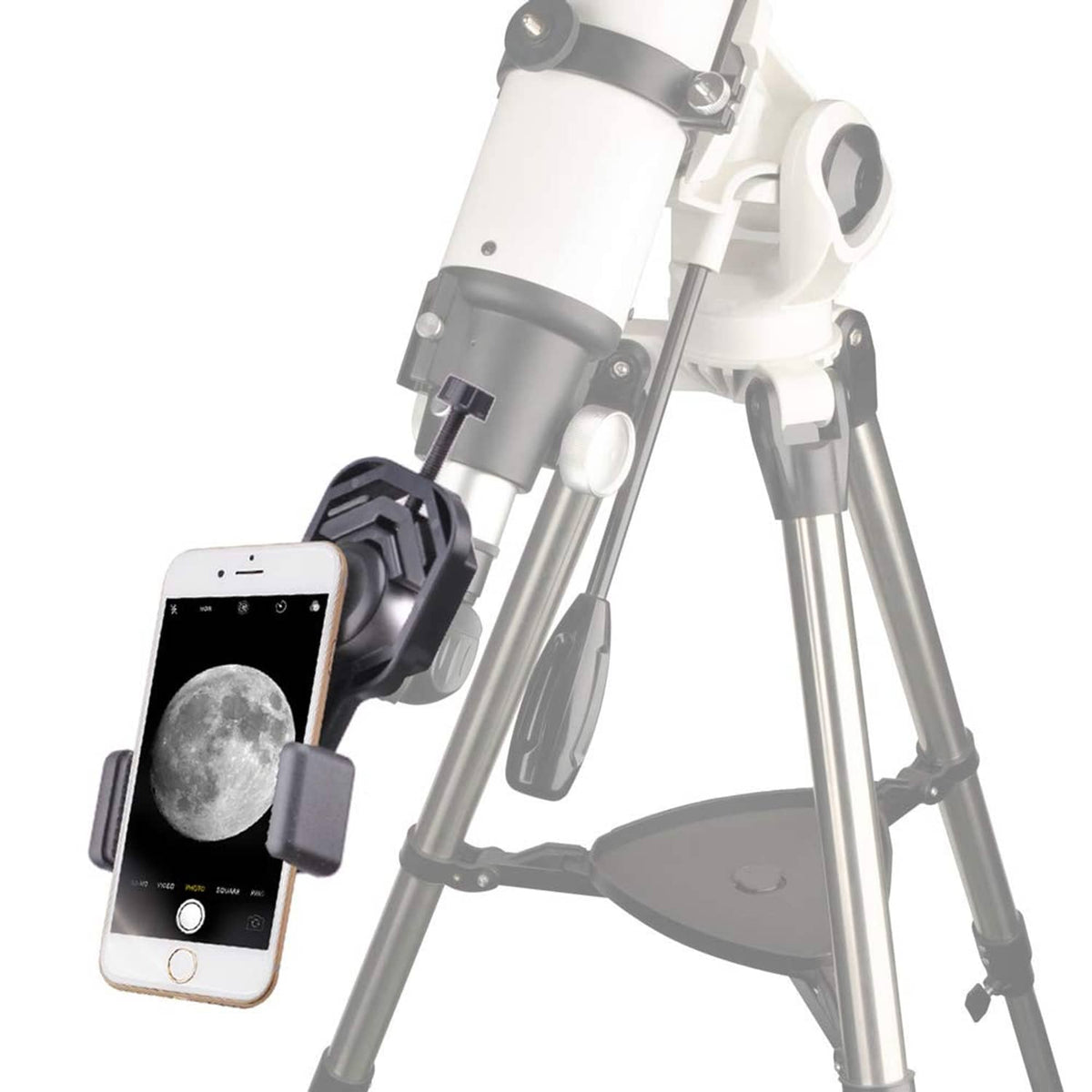 Smartphone telescope camera adapter mounted on a white tripod telescope with phone clamp