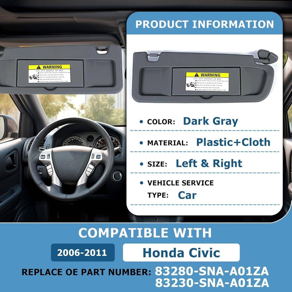 Dark gray sun visor pair installed in car interior, showing airbag warning labels