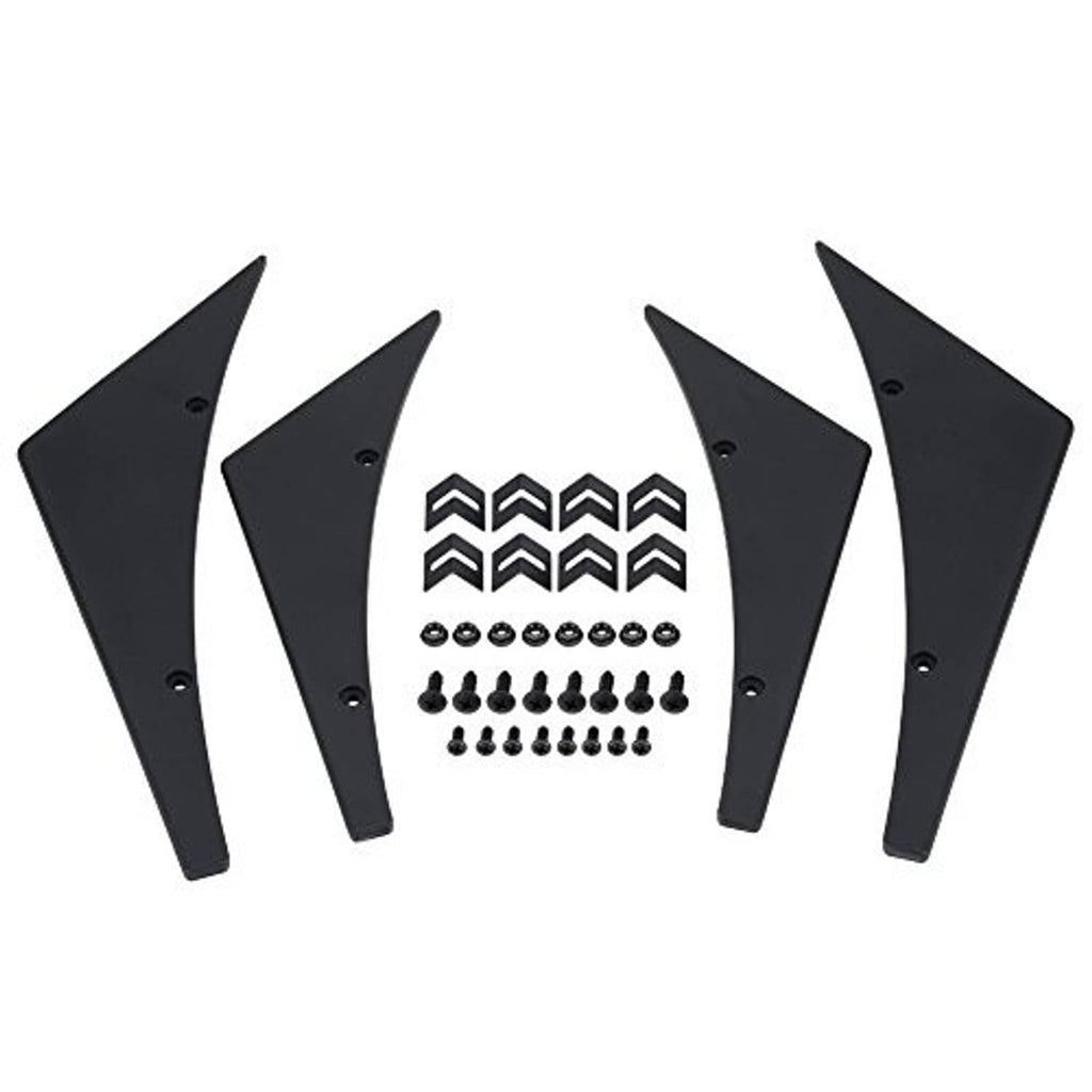 Set of four black bumper lip splitter fins with chevron accents and hardware