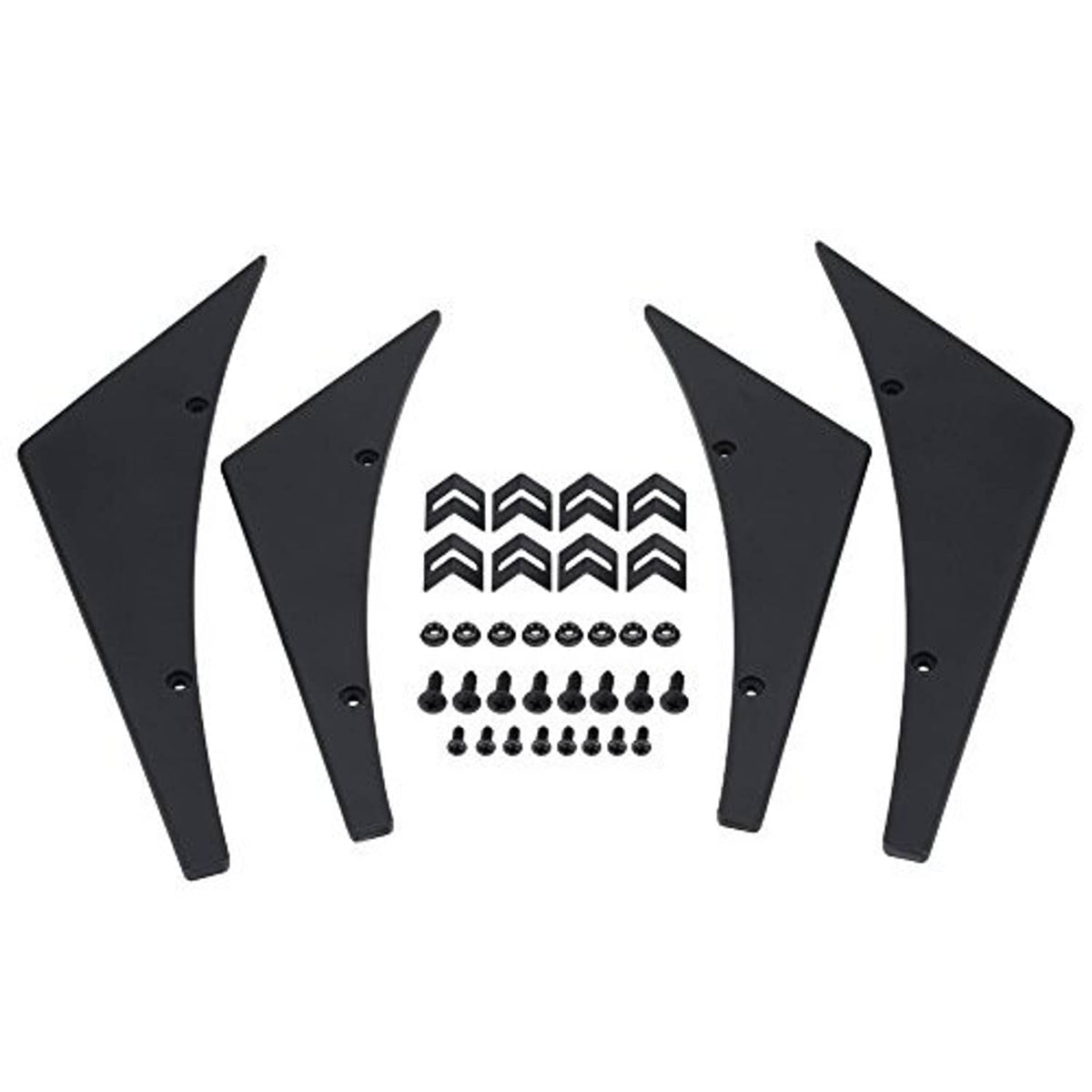 Set of four black bumper lip splitter fins with chevron accents and hardware