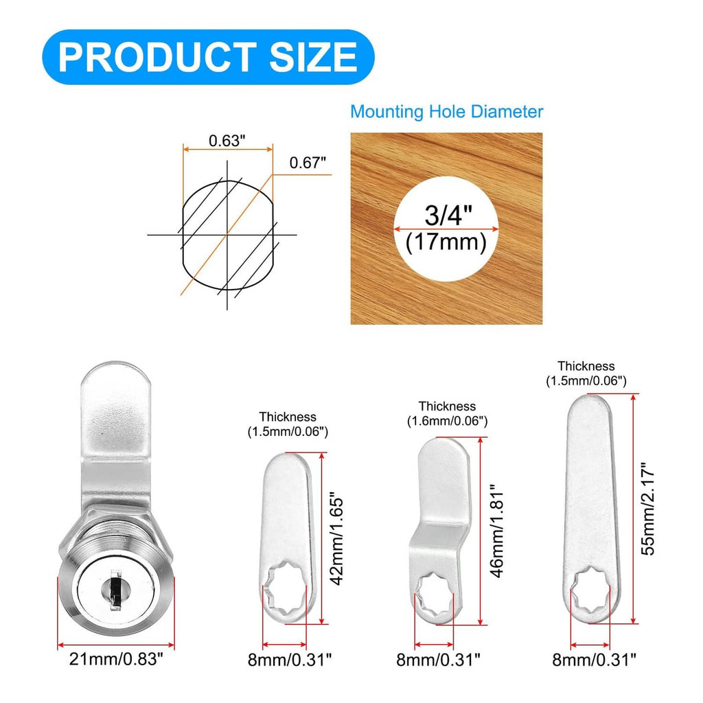 Cabinet lock size diagram with 3/4 in (17 mm) circle and thickness notes