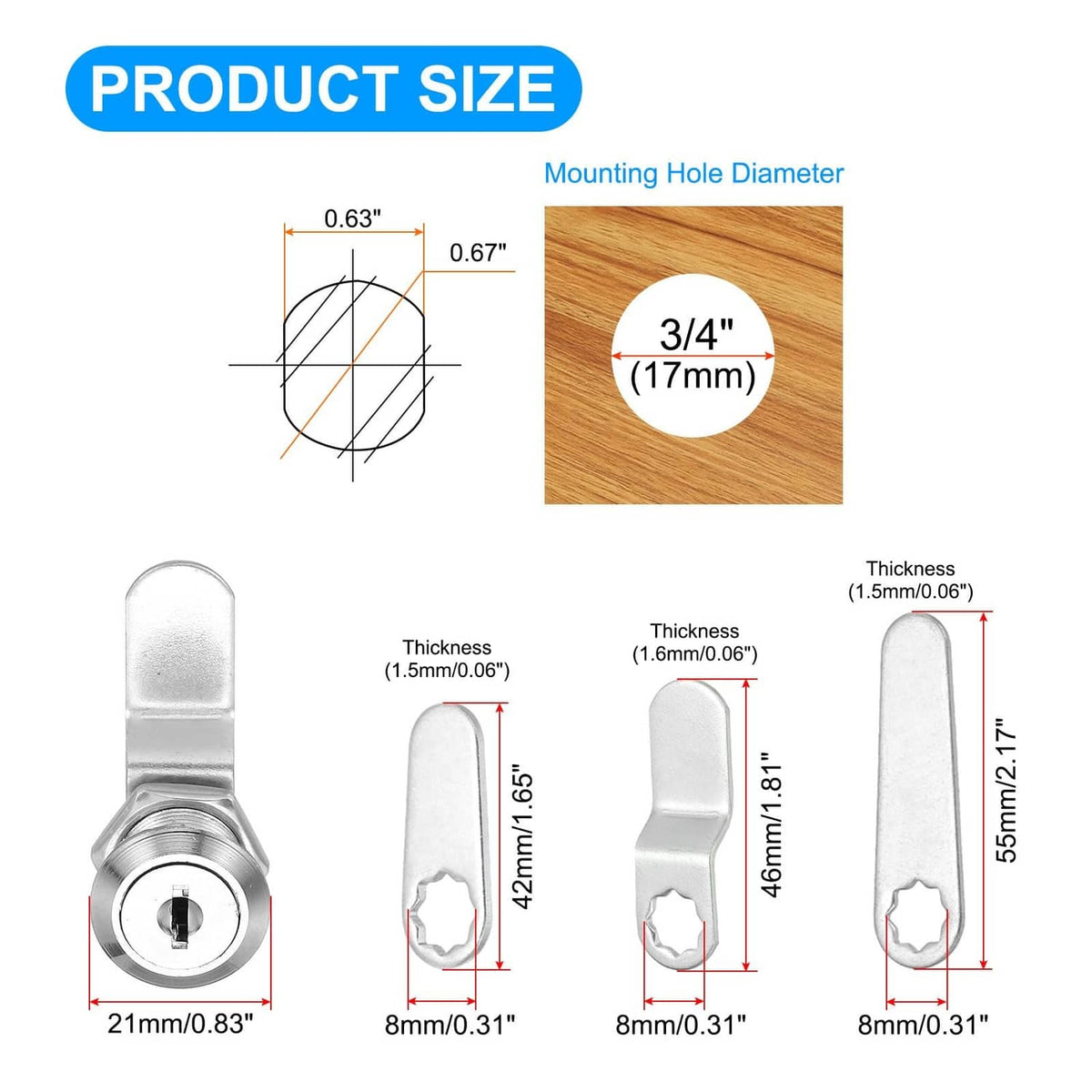 Cabinet lock size diagram with 3/4 in (17 mm) circle and thickness notes