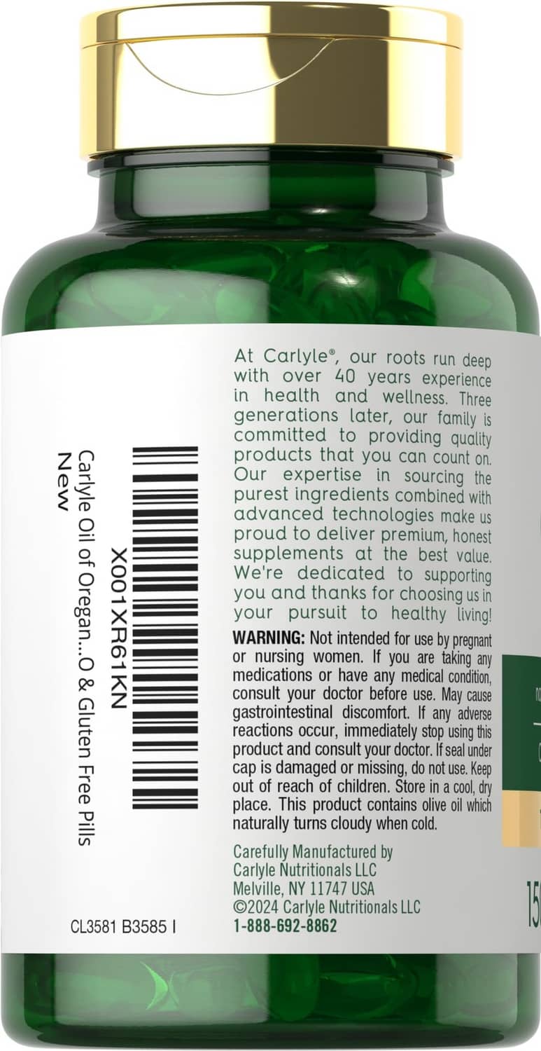 Oil of oregano supplement bottle with gold cap and printed directions on back label