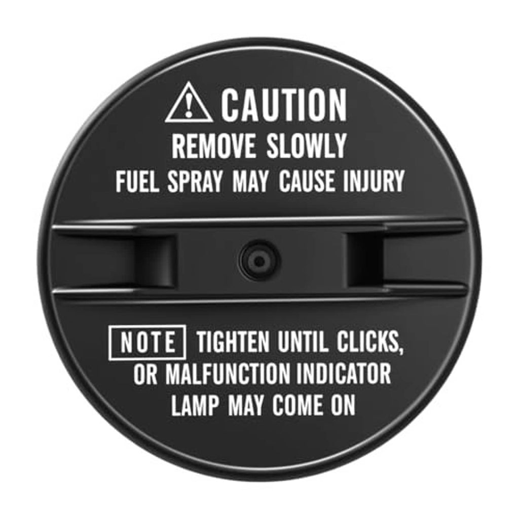 Black fuel tank cap with caution label and note about tightening until clicks
