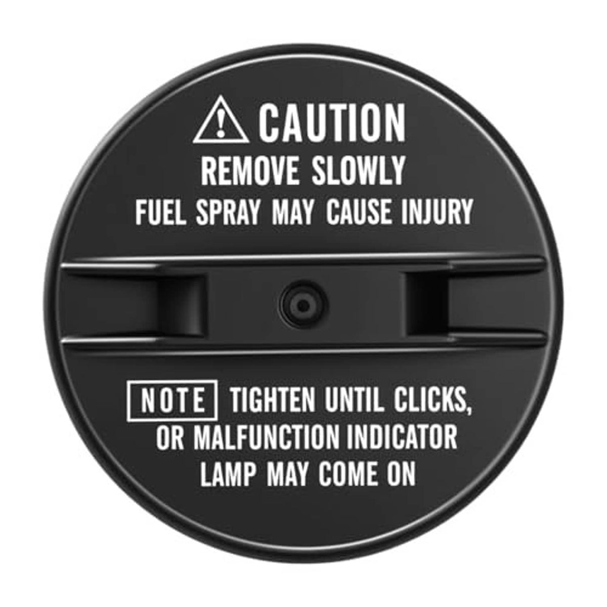 Black fuel tank cap with caution label and note about tightening until clicks