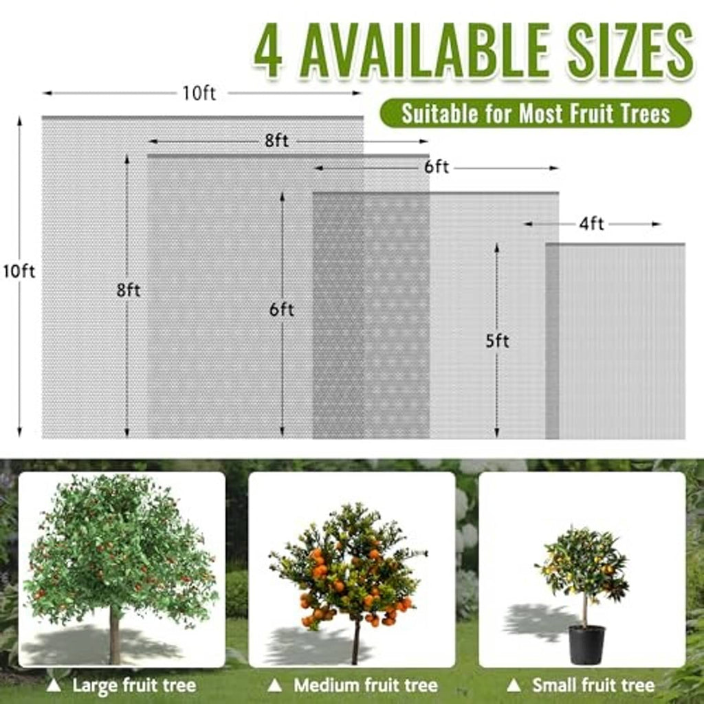 Fruit tree netting bag size chart with mesh bag panels for different tree sizes