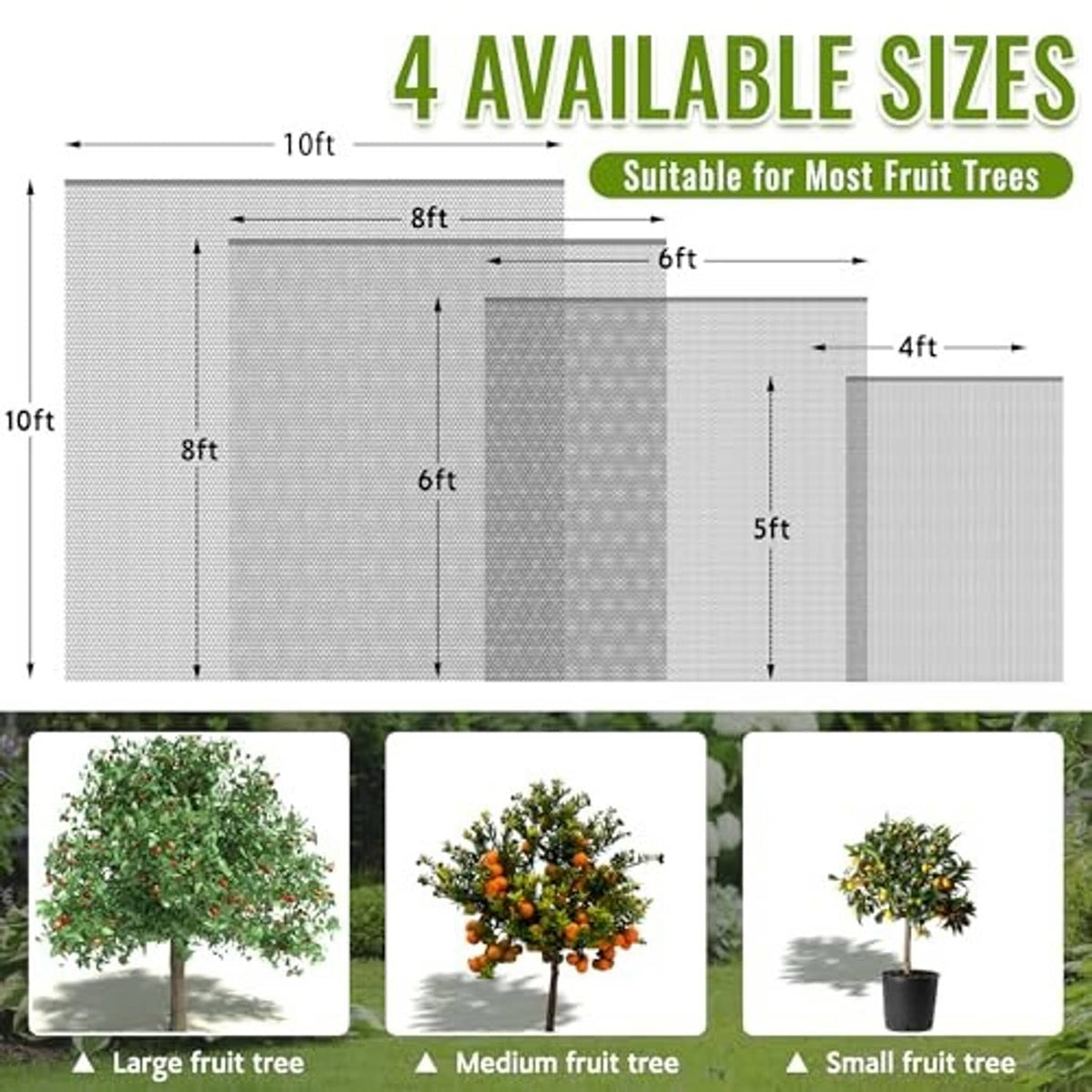 Fruit tree netting bag size chart with mesh bag panels for different tree sizes