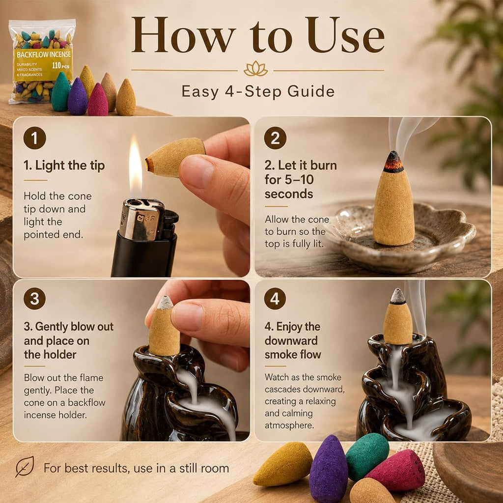 Backflow incense cone set with hand placing a cone on a black incense holder
