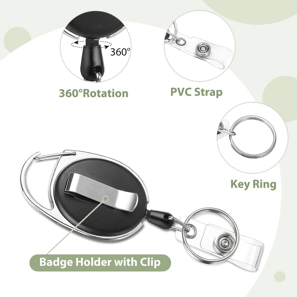 Retractable badge reel with badge holder clip, 360-degree rotation parts shown