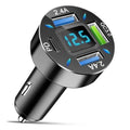 Black 4-port car charger adapter with LED voltage display and blue-lit USB ports