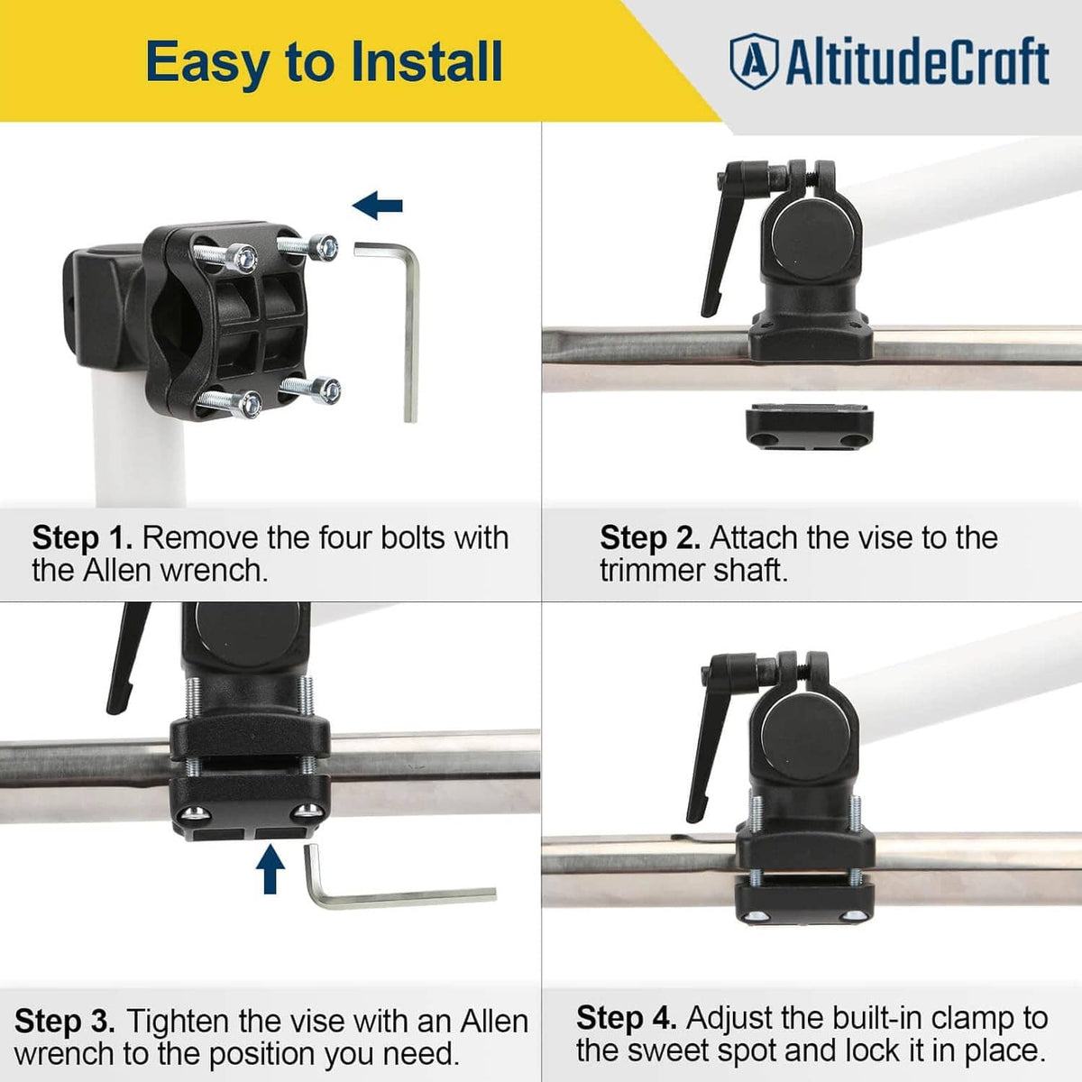 Weed trimmer handle extension showing clamp installation setup with mounting vise