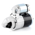 Electric starter motor with silver housing and black solenoid, dual mounting bolts.