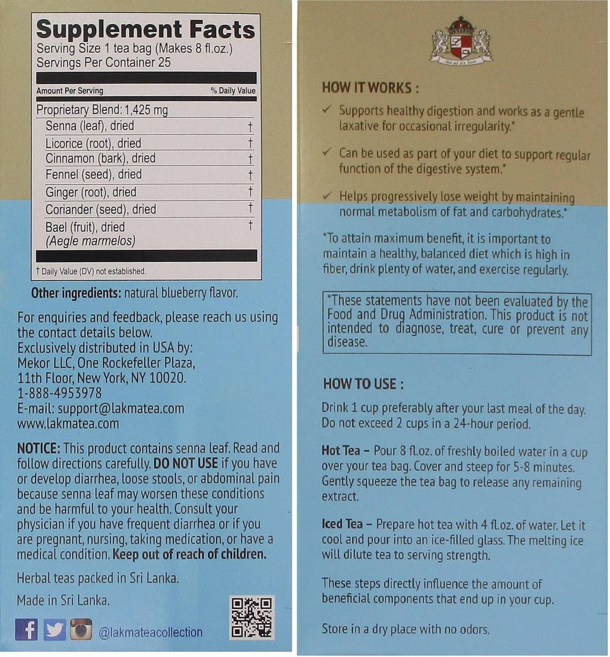 Supplement Facts panel for Lakma Super Cleanse herbal supplement tea