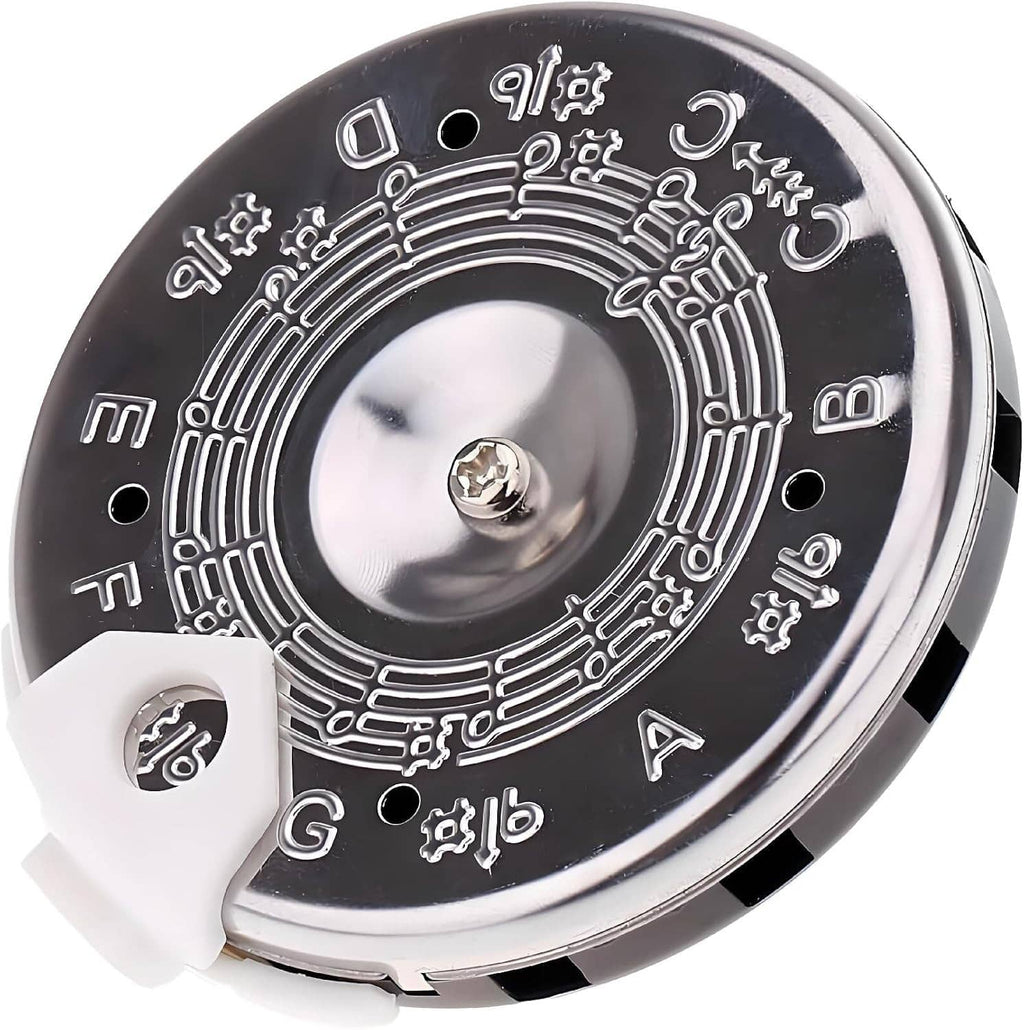 Black chromatic pitch pipe tuner front with engraved note scale and white mouthpiece