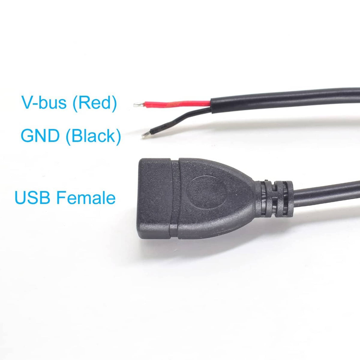 USB pigtail cable with USB female end and red/black labeled wire leads.