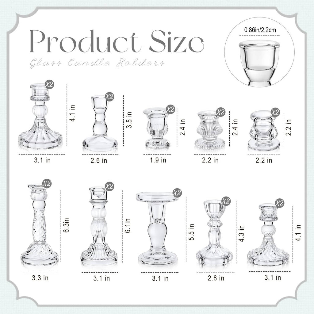 Glass crystal taper candle holder size chart with measurements for each holder