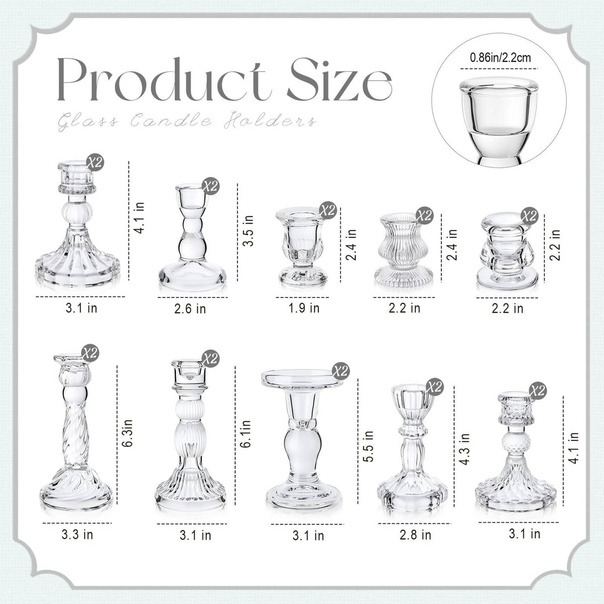 Glass crystal taper candle holder size chart with measurements for each holder