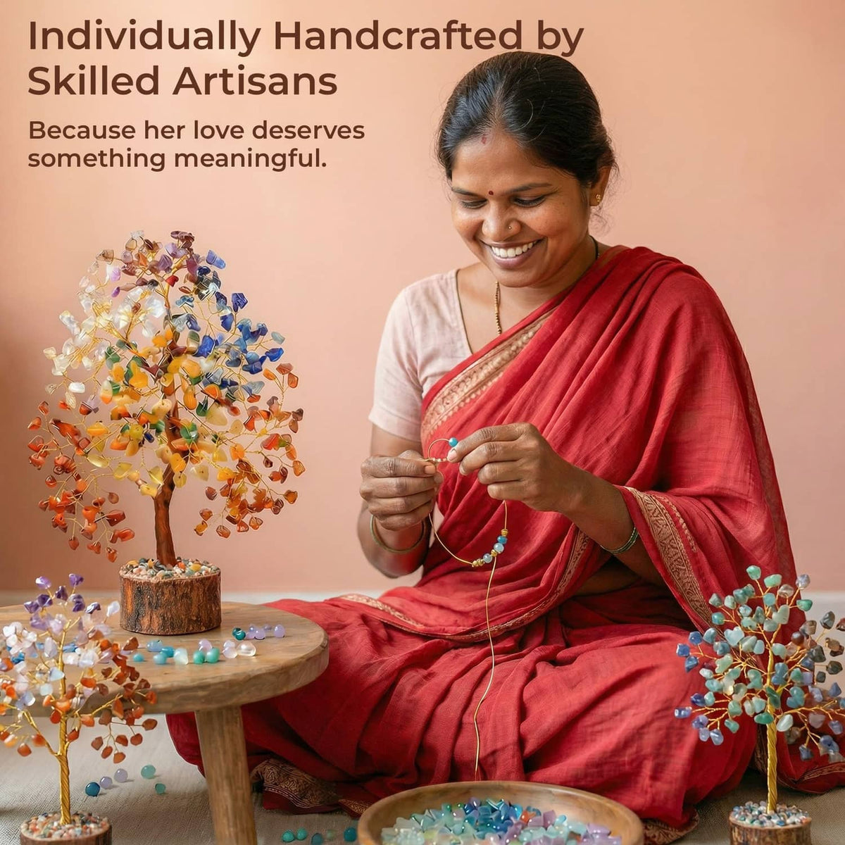 Handcrafted crystal tree ornament with multicolor branches and round wooden base