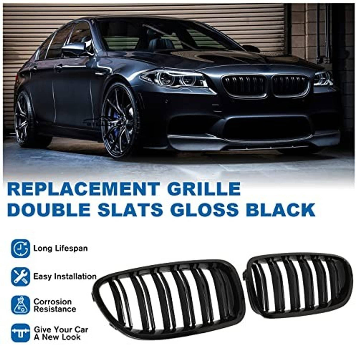 Gloss black replacement double-slat kidney grille set, two oval inserts