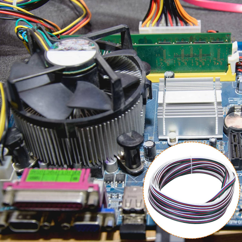 Multicolor coiled 5-conductor wire harness with tinned ends near electronic parts