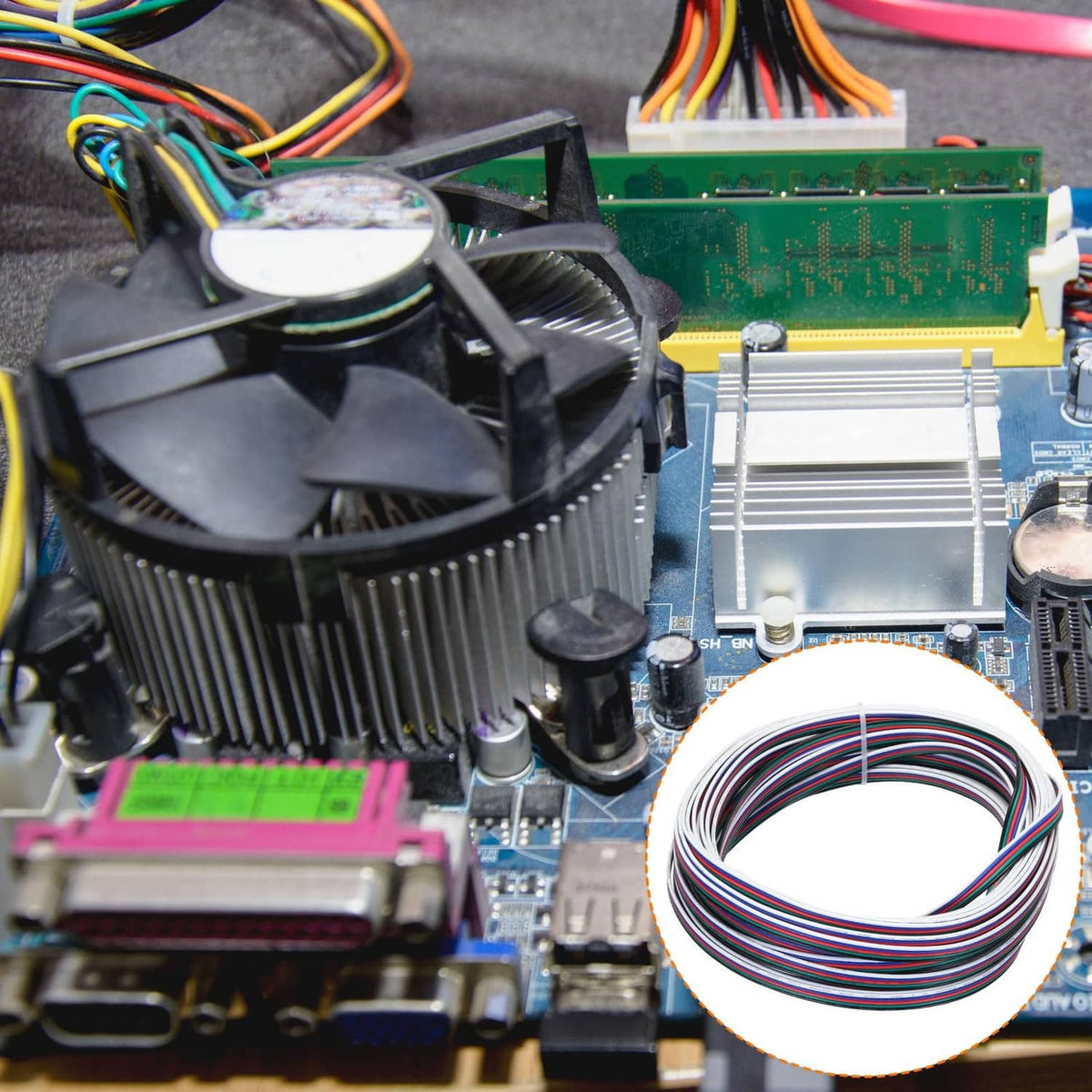 Multicolor coiled 5-conductor wire harness with tinned ends near electronic parts