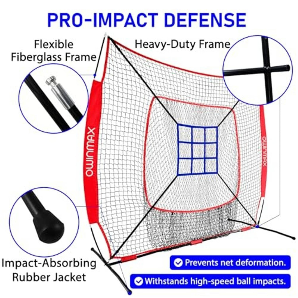 Baseball practice net with heavy-duty frame bars, red border, white mesh and blue target window