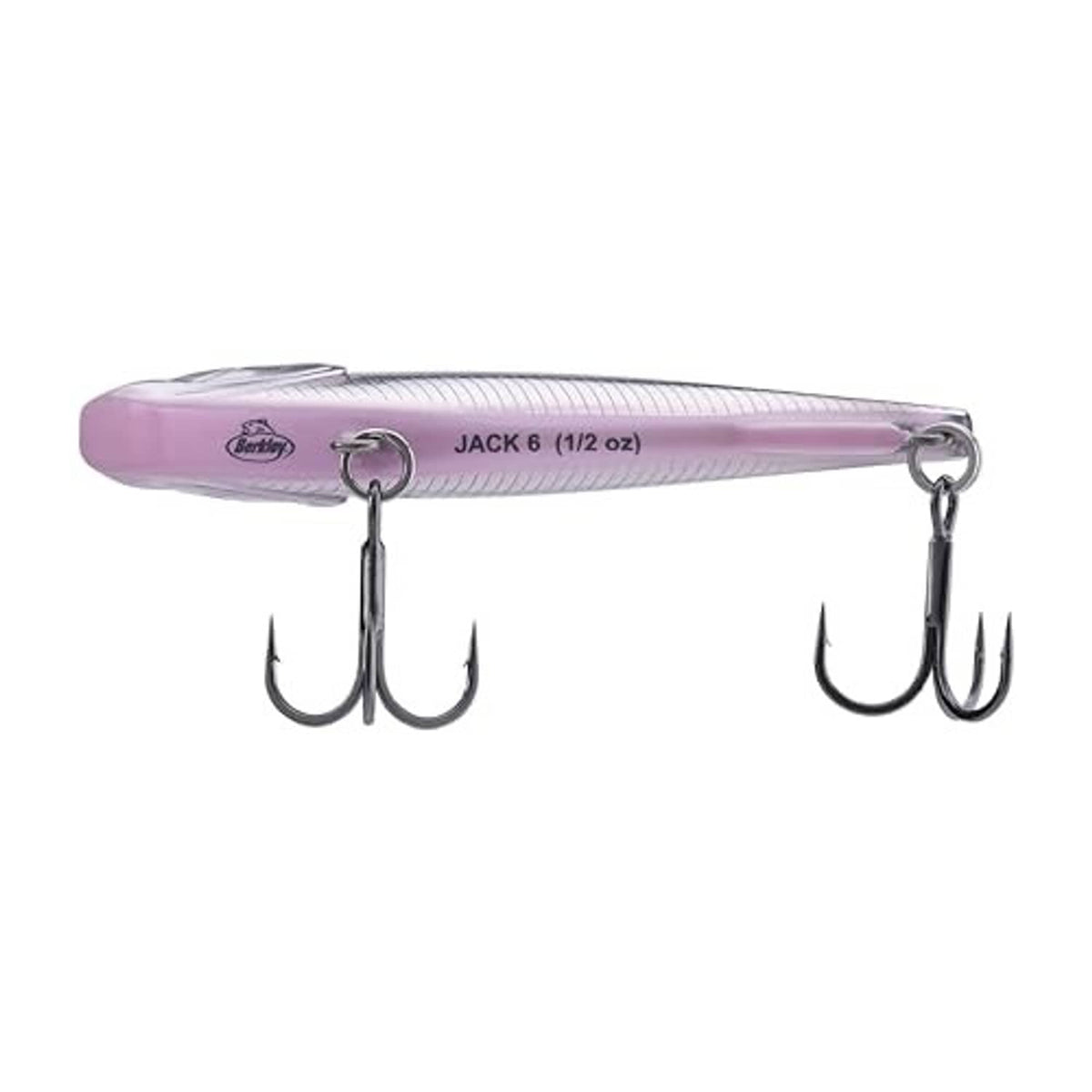 Berkley Jack 6 fishing lure, pink-purple body with two treble hooks