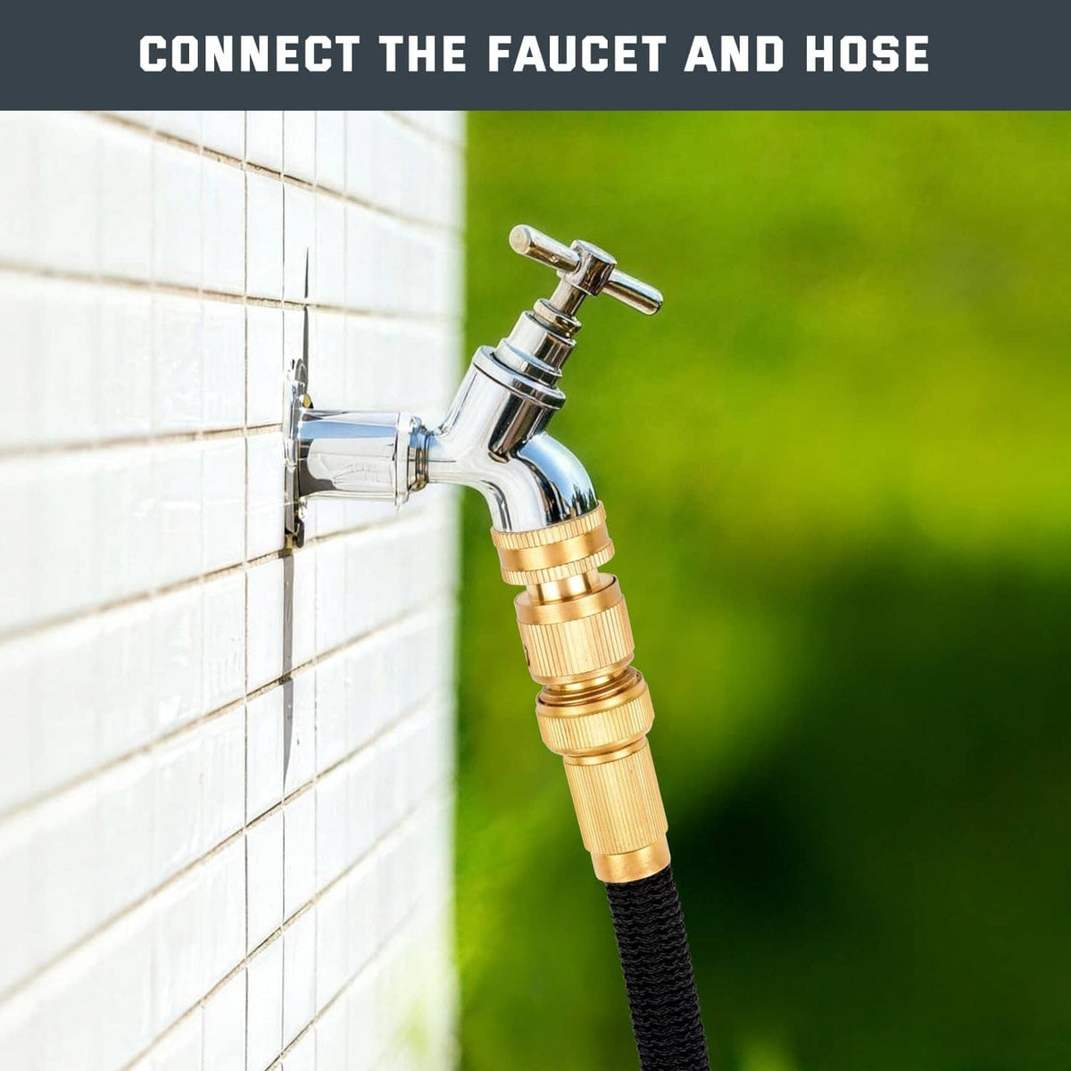 Brass quick-connect coupler attached to faucet inlet and black garden hose
