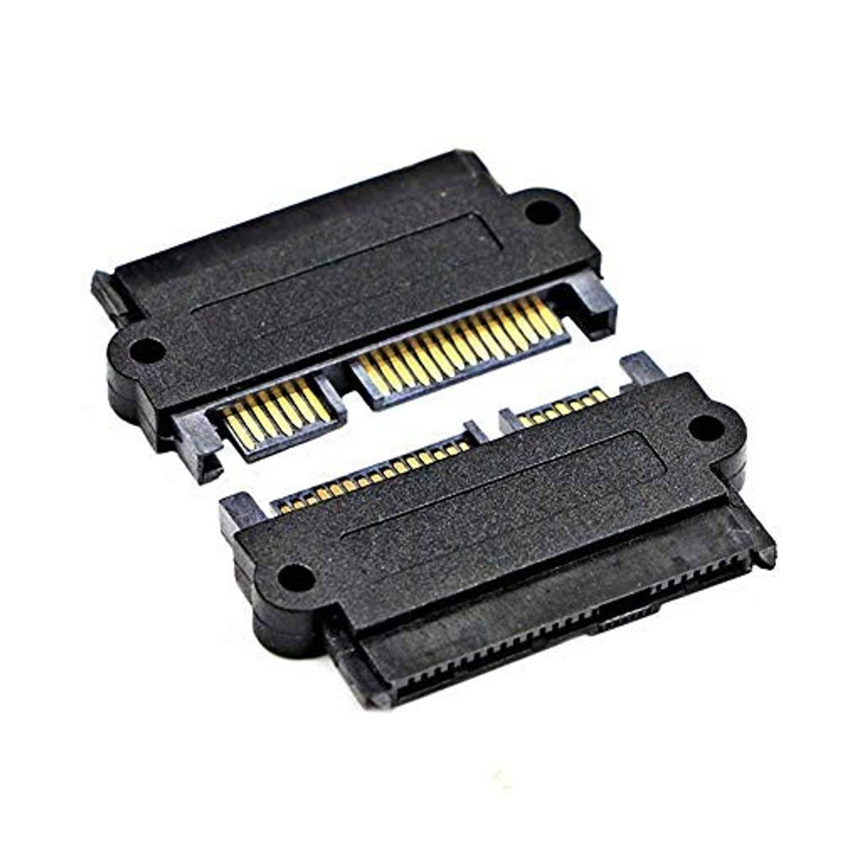 SAS to SATA hard drive adapter pair showing gold contact pins and black connector bodies