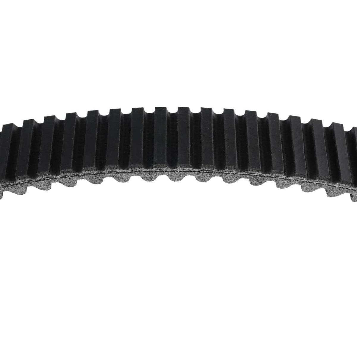 Close-up of black toothed drive belt ribs and textured sidewall