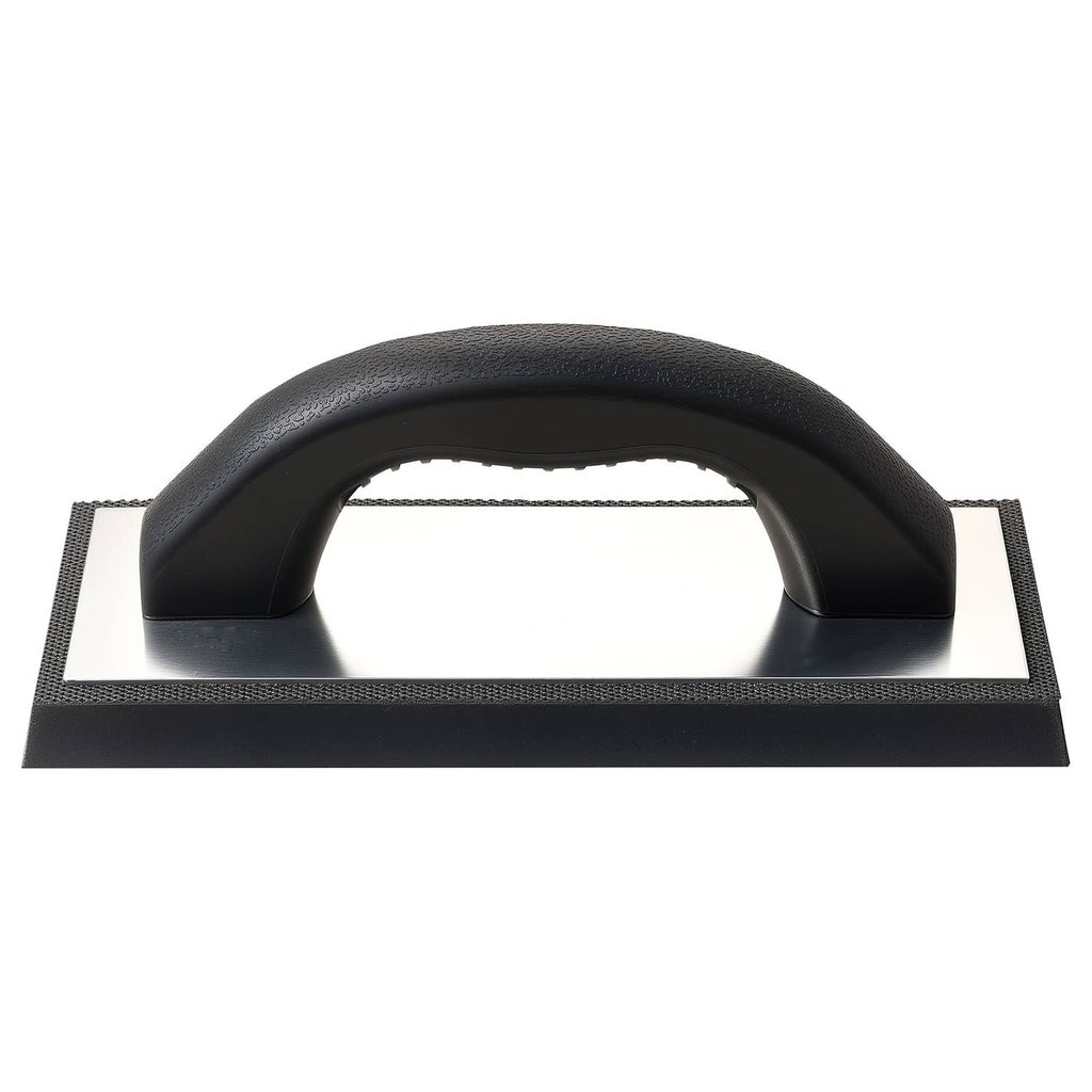 Black rubber grout float with textured base and curved handle for tiling grout application