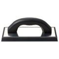 Black rubber grout float with textured base and curved handle for tiling grout application