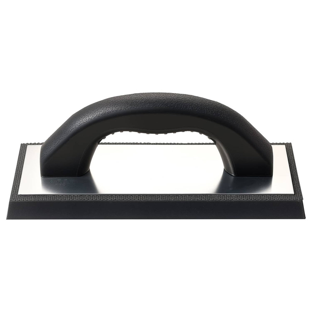 Black rubber grout float with textured base and curved handle for tiling grout application