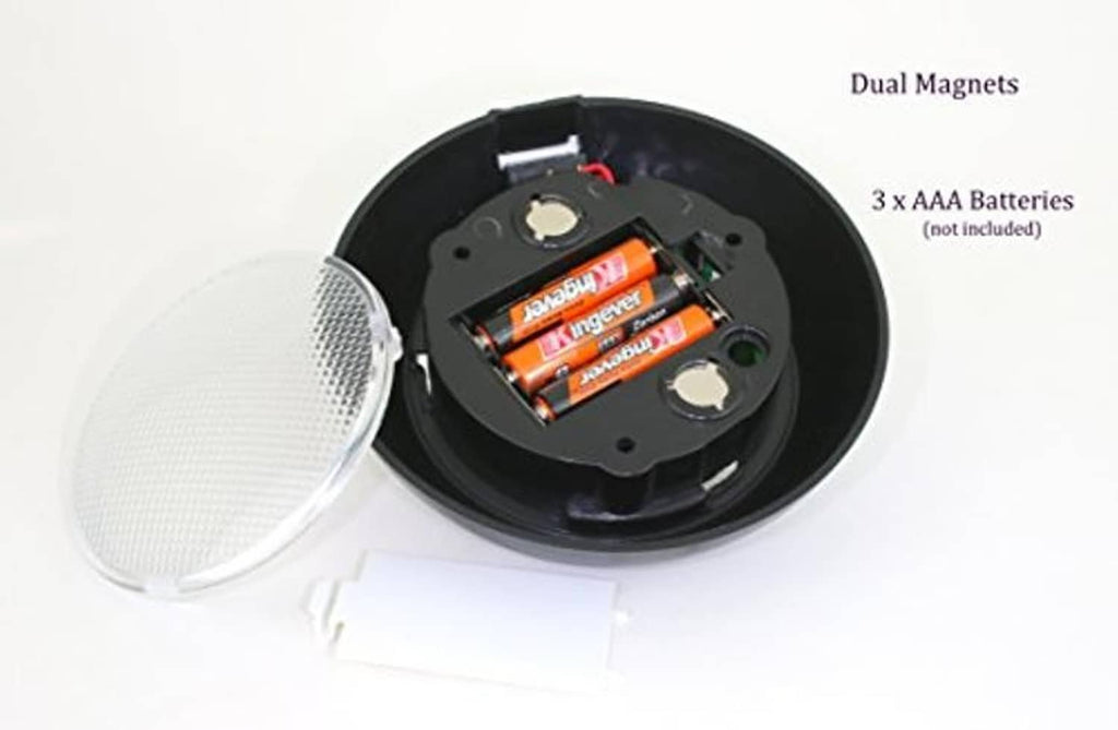 Black LED dome light bottom view with dual magnets and battery compartment