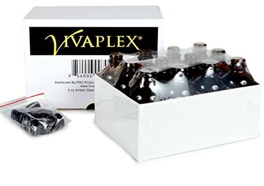 Amber glass bottles with black caps in a white retail box