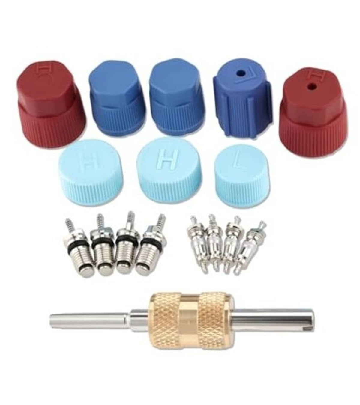 Schrader valve core kit set with red and blue caps, metal cores, and brass support tool